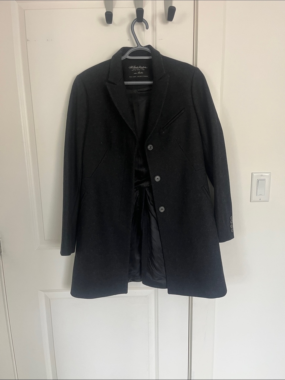All Saints Charcoal/Black Wool Blend Coat with Notch Collar